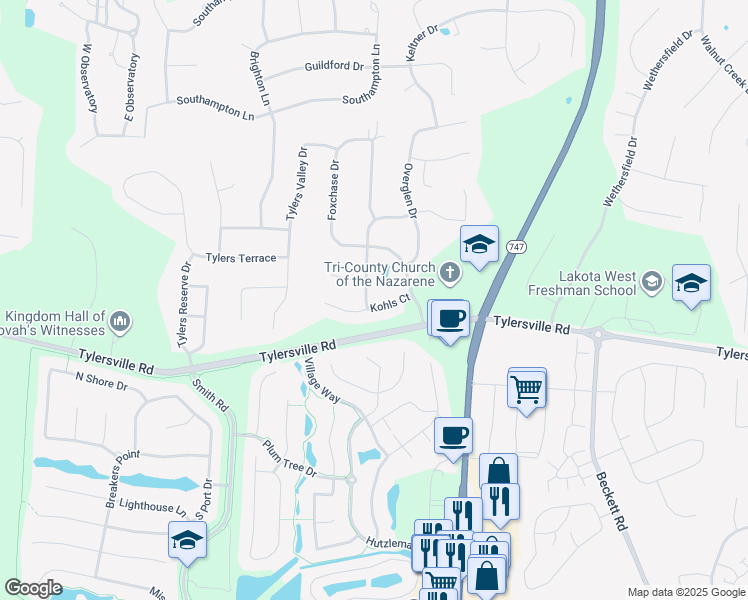 map of restaurants, bars, coffee shops, grocery stores, and more near 7754 Hunters Trail in Butler County