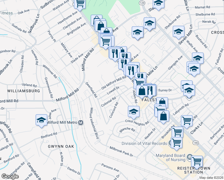 map of restaurants, bars, coffee shops, grocery stores, and more near 4216 Lowell Drive in Pikesville