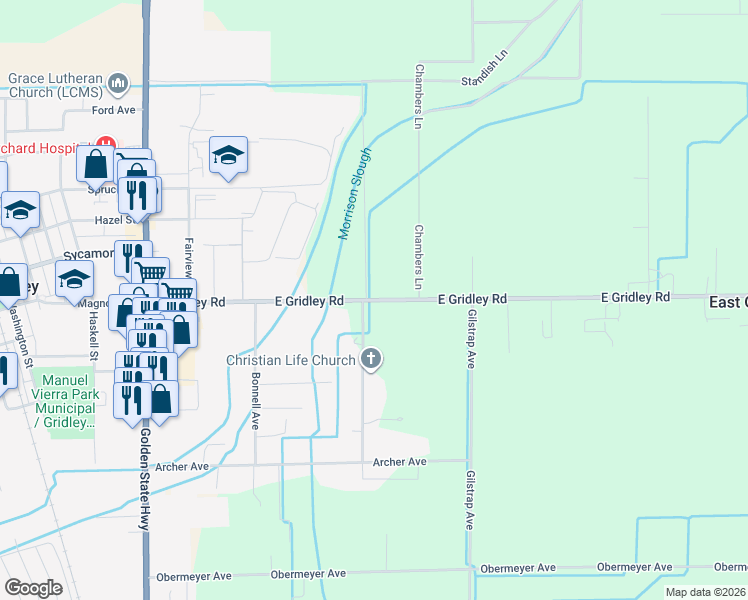 map of restaurants, bars, coffee shops, grocery stores, and more near 188 East Gridley Road in Gridley
