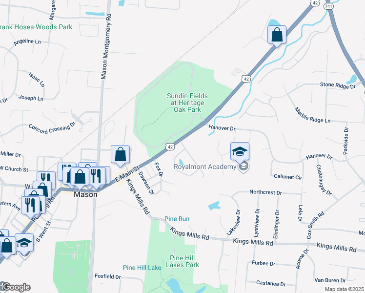 map of restaurants, bars, coffee shops, grocery stores, and more near 400 Four Seasons Drive in Mason
