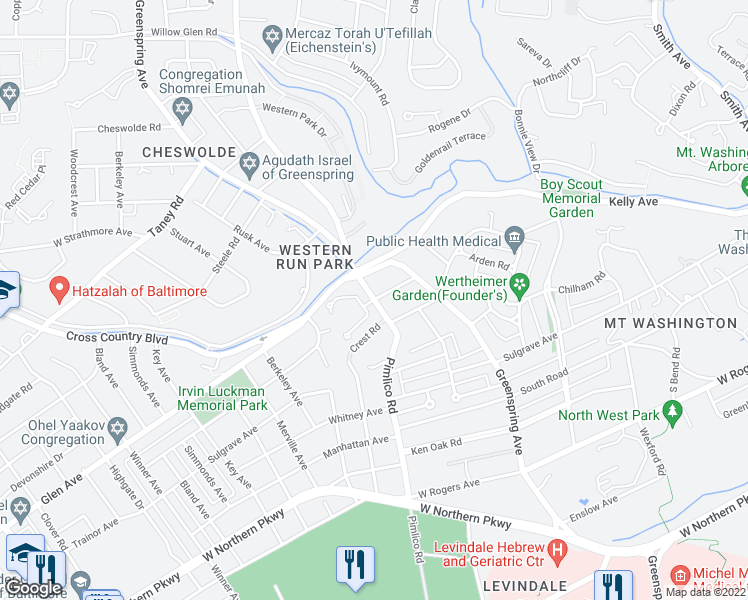 map of restaurants, bars, coffee shops, grocery stores, and more near Pimlico Rd & Rockwood Ave in Baltimore