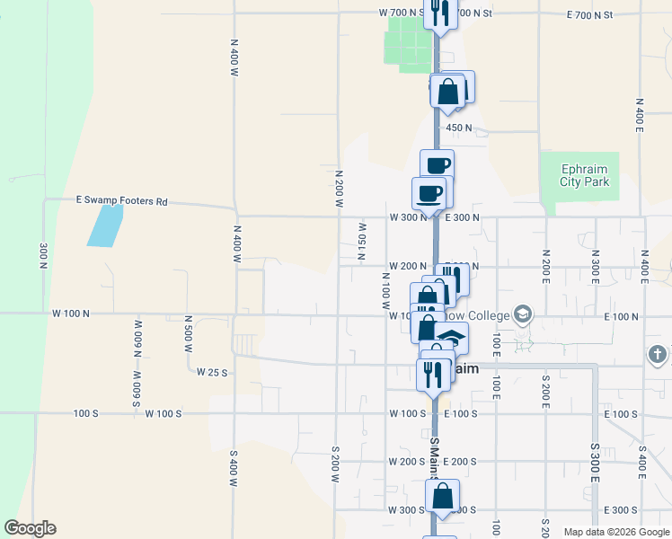 map of restaurants, bars, coffee shops, grocery stores, and more near 195 North 200 West in Ephraim