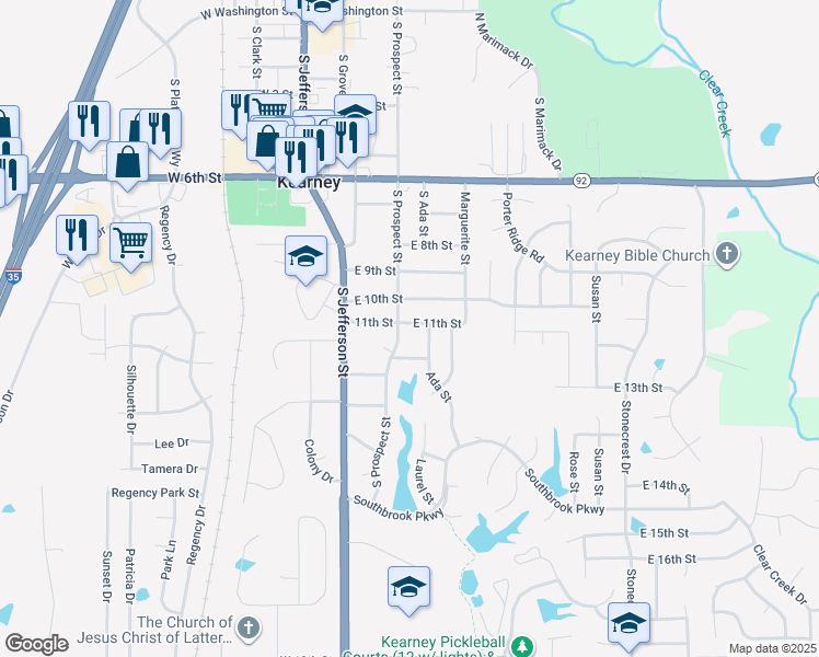 map of restaurants, bars, coffee shops, grocery stores, and more near 1102 Ada Street in Kearney
