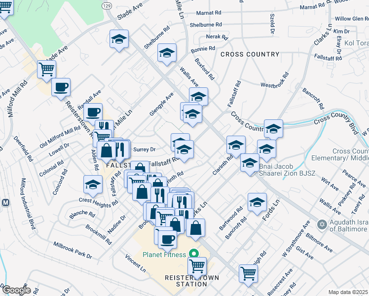 map of restaurants, bars, coffee shops, grocery stores, and more near 3800 Fallstaff Road in Baltimore