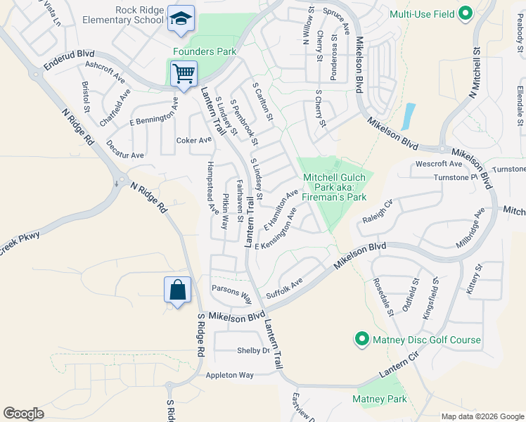 map of restaurants, bars, coffee shops, grocery stores, and more near 980 Lantern Trail in Castle Rock