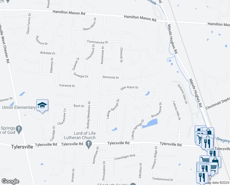 map of restaurants, bars, coffee shops, grocery stores, and more near 6438 Woodsong Drive in Butler County
