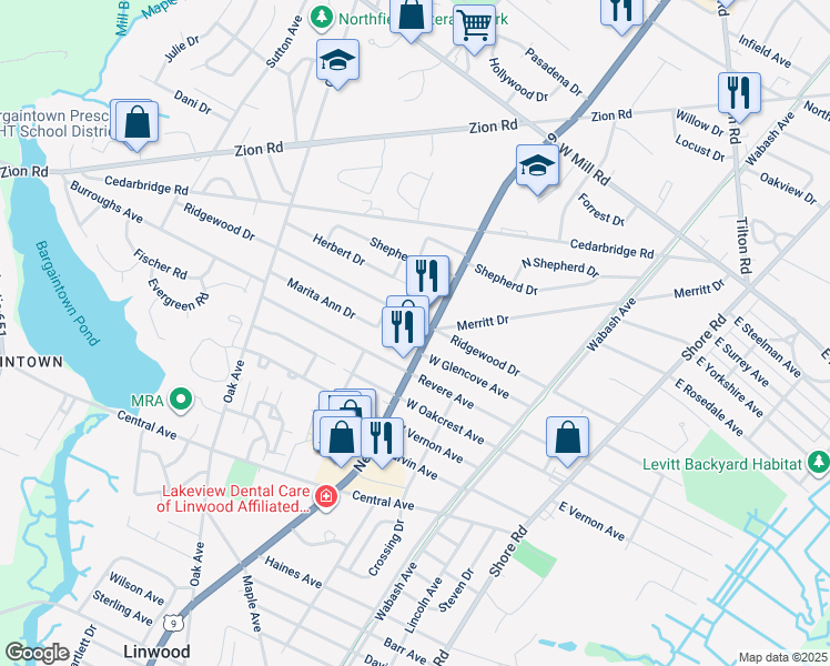 map of restaurants, bars, coffee shops, grocery stores, and more near 2403 New Road in Northfield