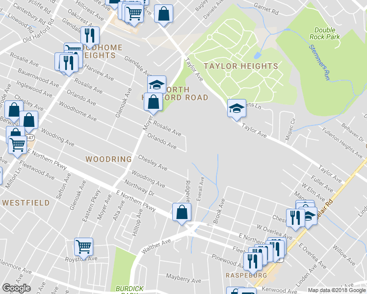 map of restaurants, bars, coffee shops, grocery stores, and more near 3430 Orlando Avenue in Baltimore