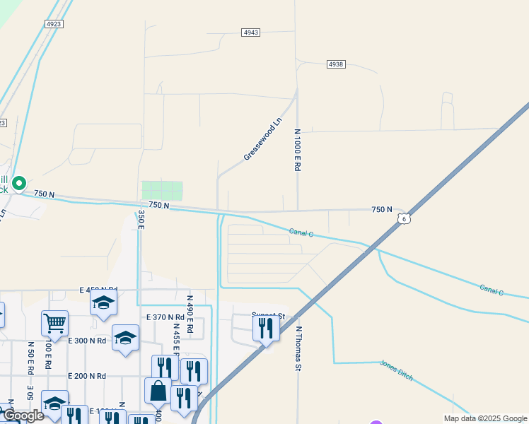 map of restaurants, bars, coffee shops, grocery stores, and more near 901 East 750 North Road in Delta