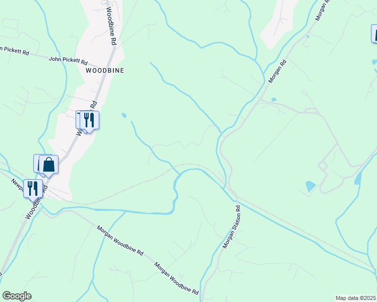 map of restaurants, bars, coffee shops, grocery stores, and more near 1490 Jakes Creek Drive in Woodbine
