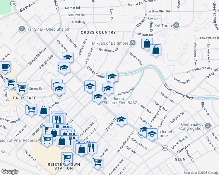 map of restaurants, bars, coffee shops, grocery stores, and more near 3415 Clarks Lane in Baltimore