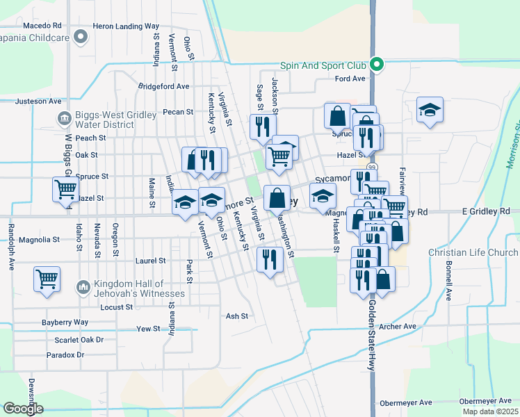 map of restaurants, bars, coffee shops, grocery stores, and more near 775 Sycamore St in Gridley
