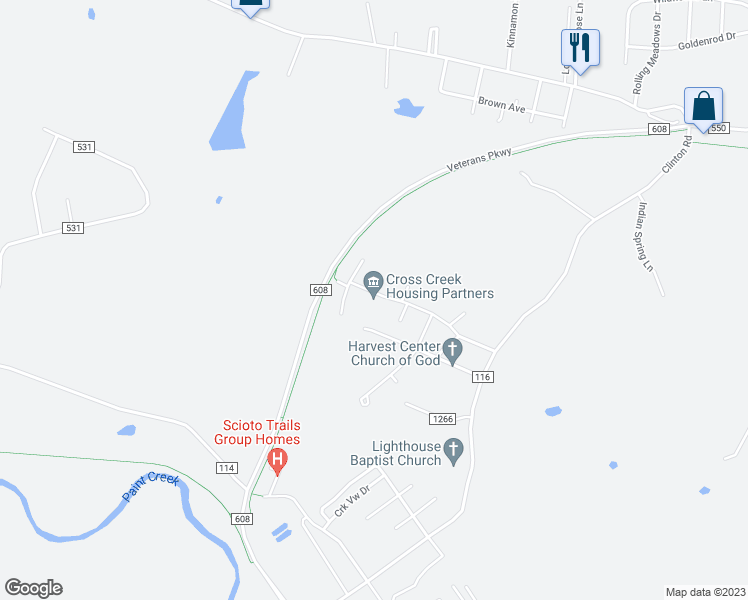 map of restaurants, bars, coffee shops, grocery stores, and more near 199 Frontier Drive in Chillicothe