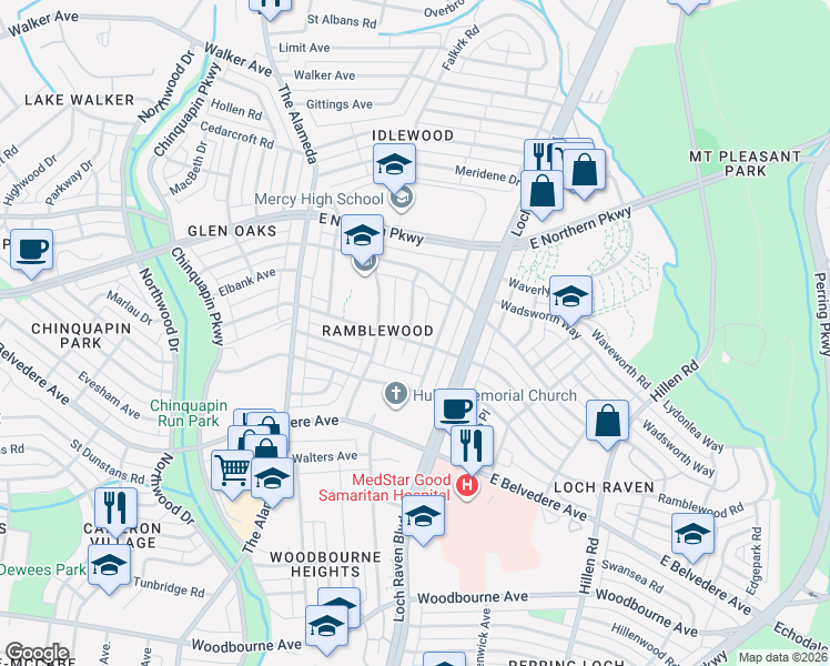 map of restaurants, bars, coffee shops, grocery stores, and more near 5905 Glenkirk Road in Baltimore