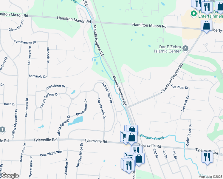 map of restaurants, bars, coffee shops, grocery stores, and more near 7550 Shawnee Lane in Butler County