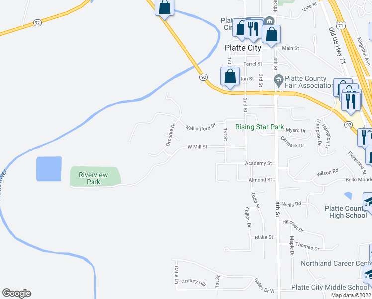 map of restaurants, bars, coffee shops, grocery stores, and more near 131 West Mill Street in Platte City