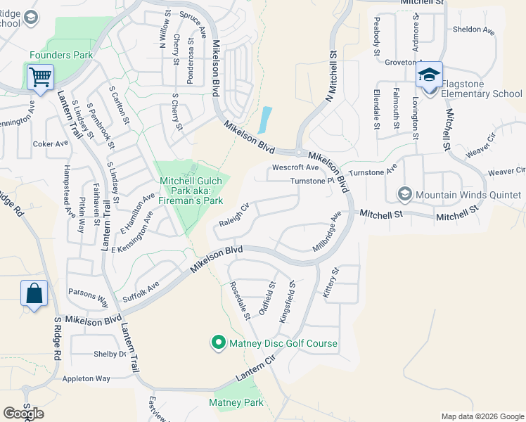 map of restaurants, bars, coffee shops, grocery stores, and more near 5797 Raleigh Circle in Castle Rock