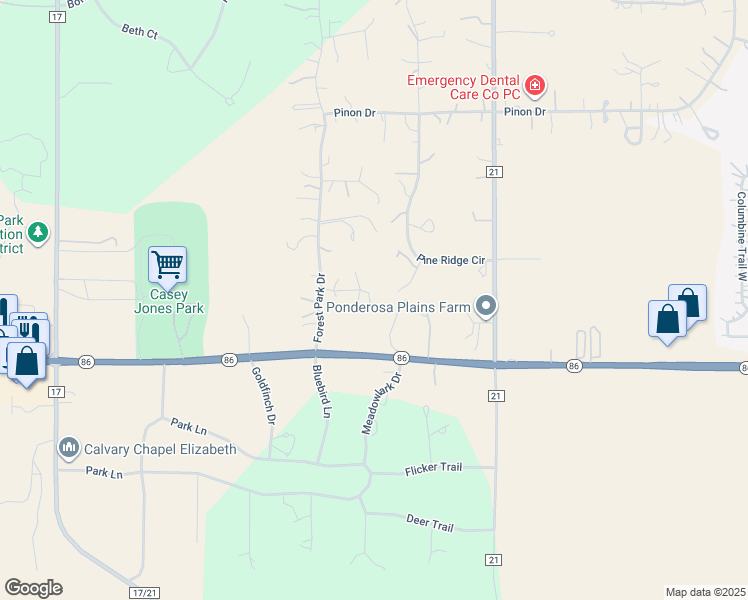 map of restaurants, bars, coffee shops, grocery stores, and more near 4763 Colorado 86 in Elizabeth