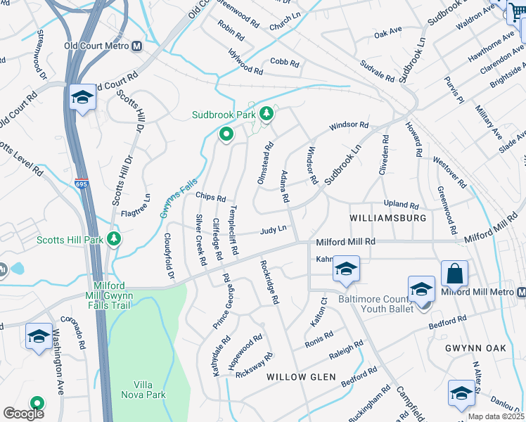 map of restaurants, bars, coffee shops, grocery stores, and more near 801 Olmstead Road in Pikesville