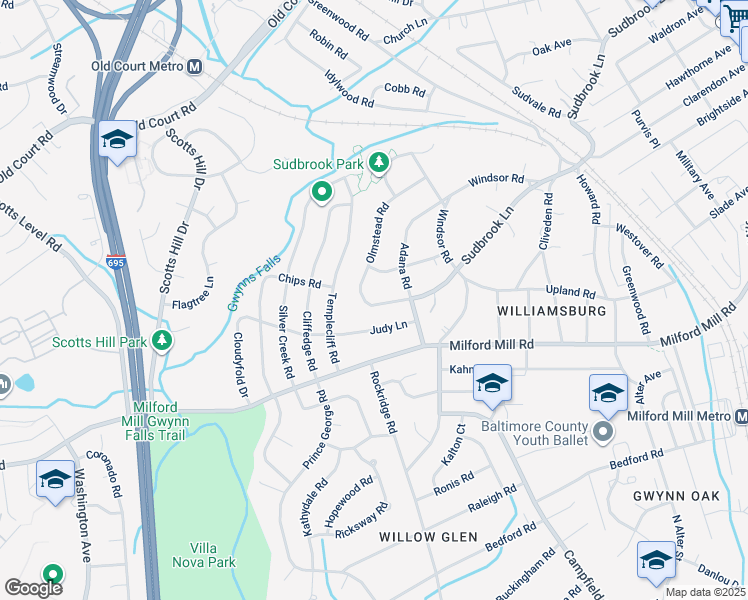 map of restaurants, bars, coffee shops, grocery stores, and more near 801 Olmstead Road in Pikesville