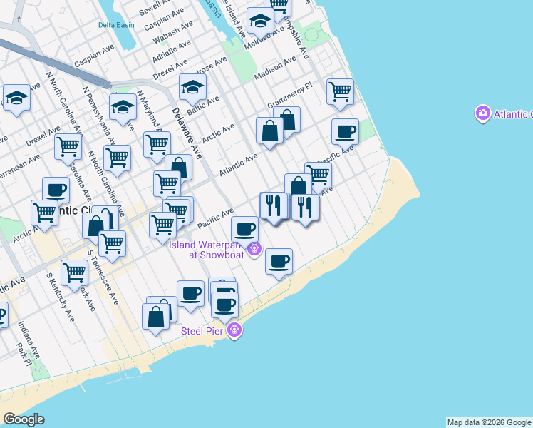 map of restaurants, bars, coffee shops, grocery stores, and more near 626 Oriental Avenue in Atlantic City