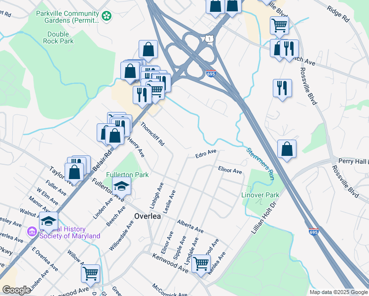 map of restaurants, bars, coffee shops, grocery stores, and more near 4300 Cardwell Avenue in Baltimore