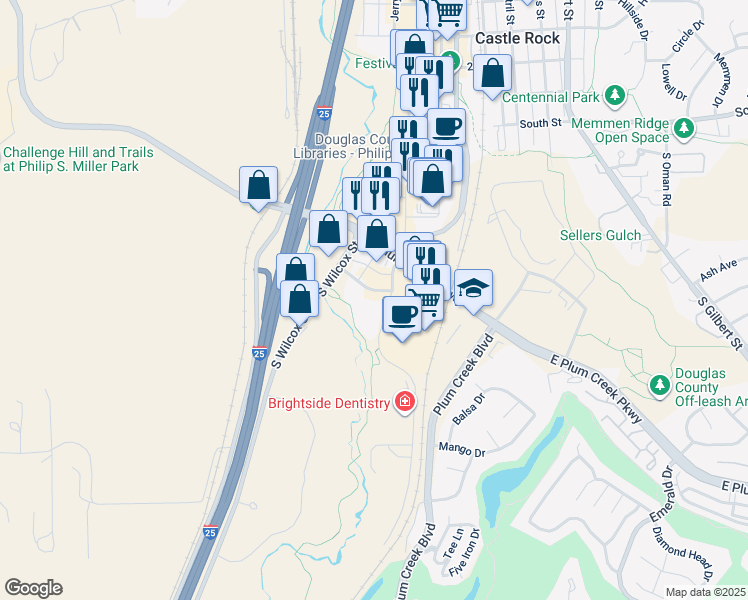 map of restaurants, bars, coffee shops, grocery stores, and more near 175 South Perry Street in Castle Rock