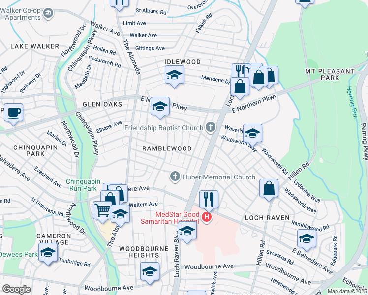 map of restaurants, bars, coffee shops, grocery stores, and more near 5911 Glenkirk Rd in Baltimore