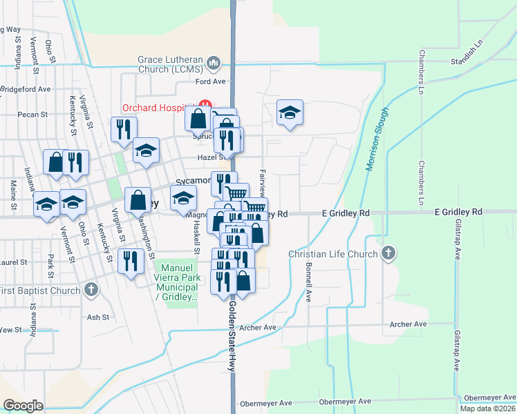 map of restaurants, bars, coffee shops, grocery stores, and more near 50 East Gridley Road in Gridley