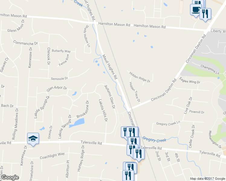 map of restaurants, bars, coffee shops, grocery stores, and more near 6809 Autumn Glen Drive in Butler County
