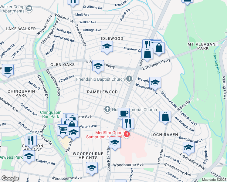 map of restaurants, bars, coffee shops, grocery stores, and more near 5911 Glenkirk Rd in Baltimore