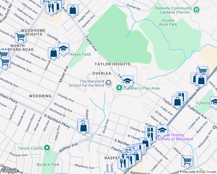 map of restaurants, bars, coffee shops, grocery stores, and more near 3501 Taylor Avenue in Baltimore