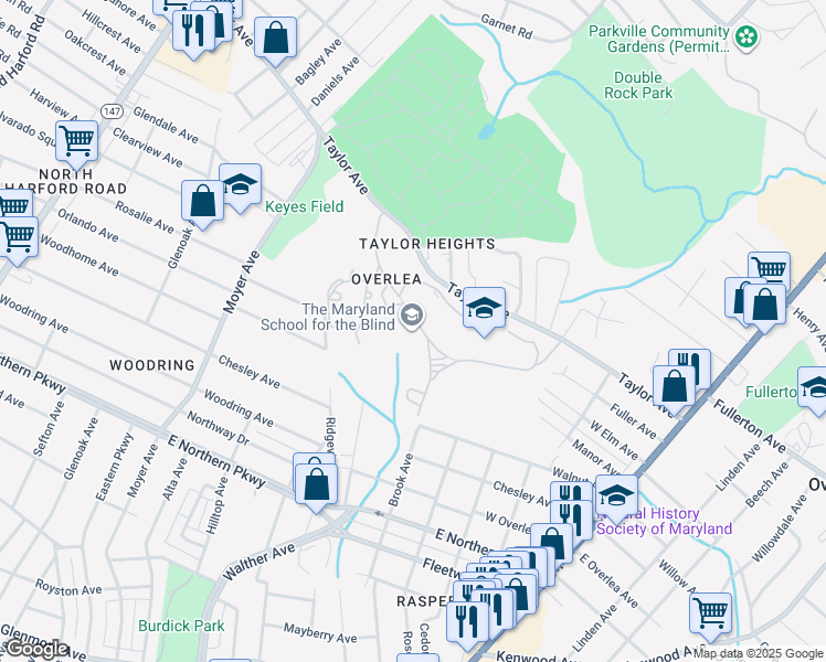 map of restaurants, bars, coffee shops, grocery stores, and more near 3501 Taylor Avenue in Baltimore