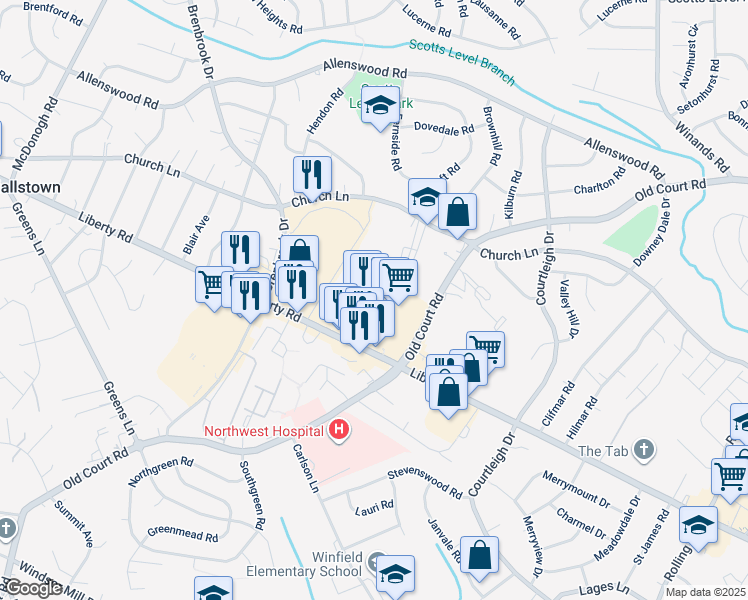 map of restaurants, bars, coffee shops, grocery stores, and more near 8634 Liberty Road in Randallstown