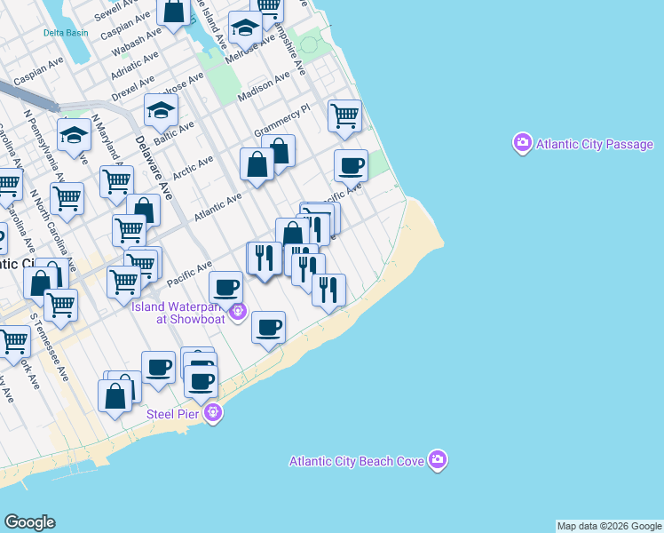 map of restaurants, bars, coffee shops, grocery stores, and more near 239 Metropolitan Avenue in Atlantic City