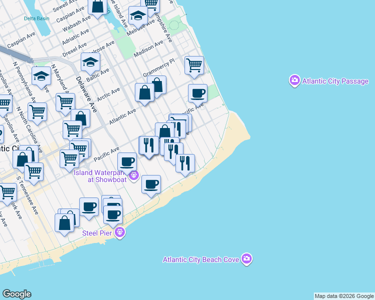 map of restaurants, bars, coffee shops, grocery stores, and more near 239 Metropolitan Avenue in Atlantic City