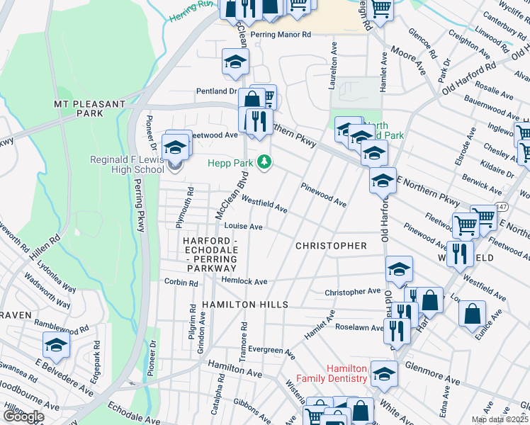 map of restaurants, bars, coffee shops, grocery stores, and more near 6306 Fernbank Avenue in Baltimore