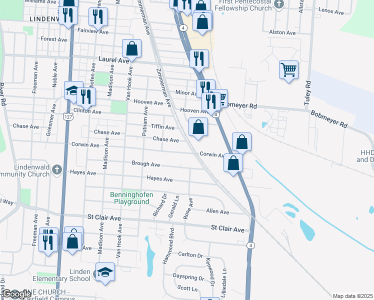 map of restaurants, bars, coffee shops, grocery stores, and more near 1096 Corwin Avenue in Hamilton