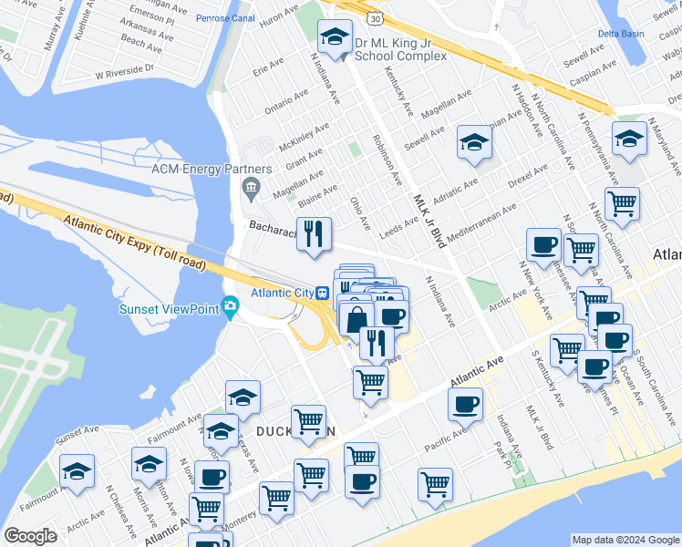 map of restaurants, bars, coffee shops, grocery stores, and more near 1 Convention Boulevard in Atlantic City