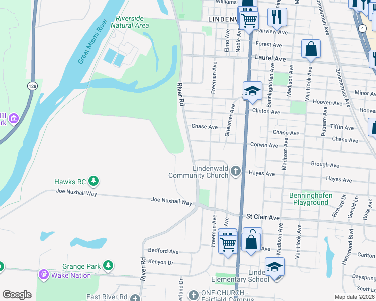 map of restaurants, bars, coffee shops, grocery stores, and more near 3345 River Road in Hamilton