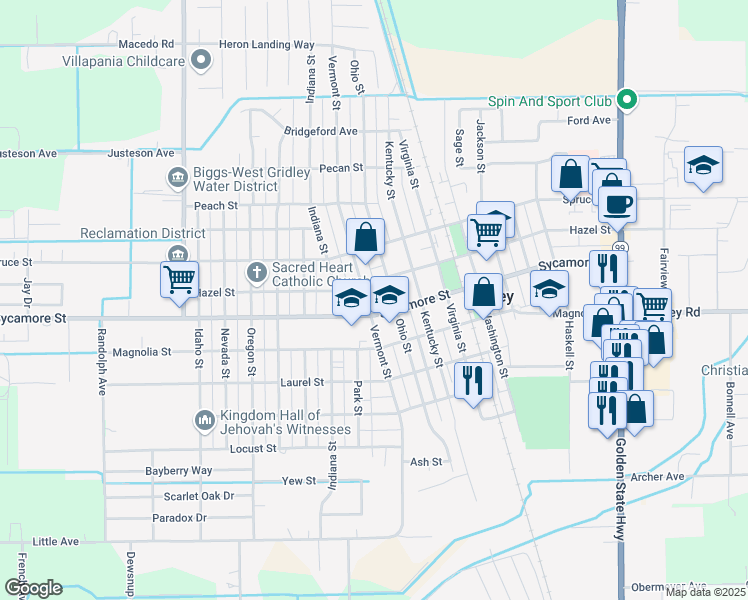 map of restaurants, bars, coffee shops, grocery stores, and more near 540 Vermont Street in Gridley