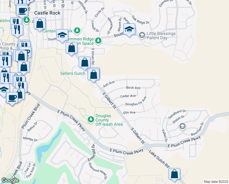 map of restaurants, bars, coffee shops, grocery stores, and more near 101 Cedar Avenue in Castle Rock