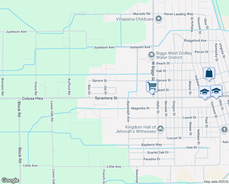 map of restaurants, bars, coffee shops, grocery stores, and more near 2010 Jacob Street in Gridley