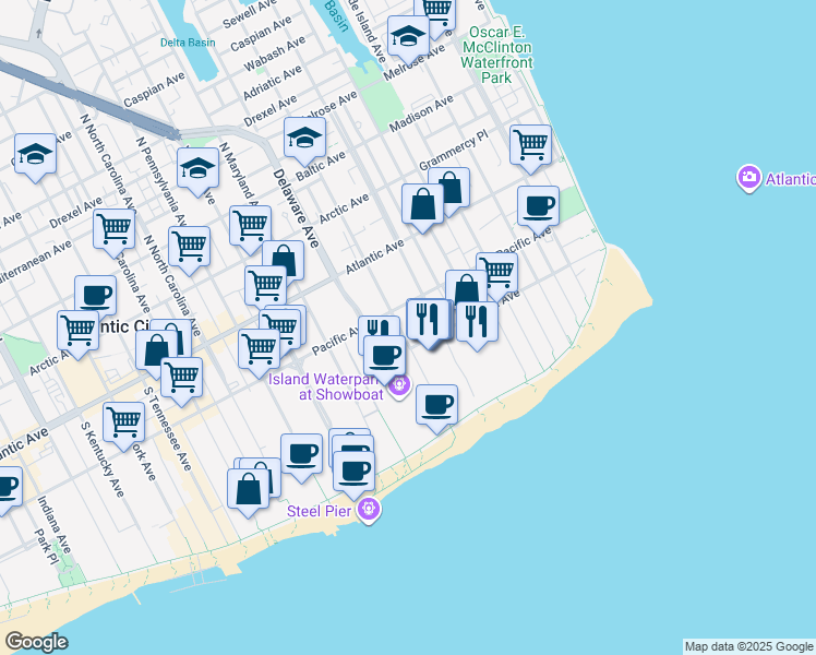 map of restaurants, bars, coffee shops, grocery stores, and more near 600 Pacific Avenue in Atlantic City