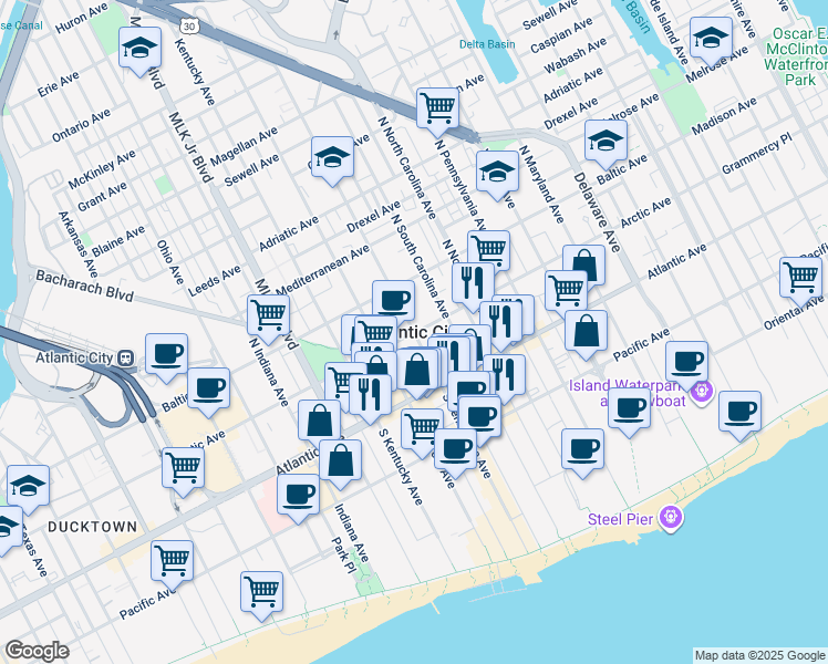 map of restaurants, bars, coffee shops, grocery stores, and more near in Atlantic City