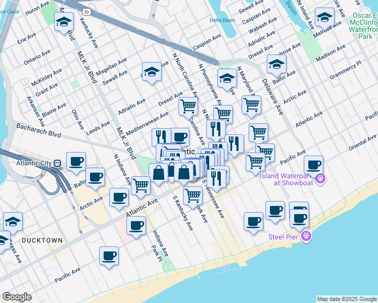 map of restaurants, bars, coffee shops, grocery stores, and more near in Atlantic City