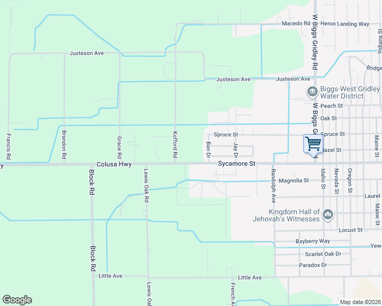 map of restaurants, bars, coffee shops, grocery stores, and more near 1581 Colusa Highway in Gridley