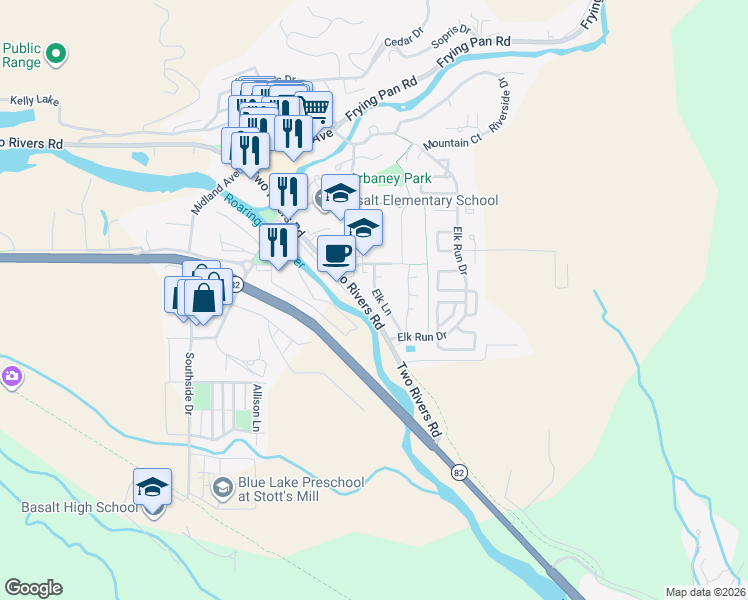 map of restaurants, bars, coffee shops, grocery stores, and more near 23284 2 Rivers Rd in Basalt