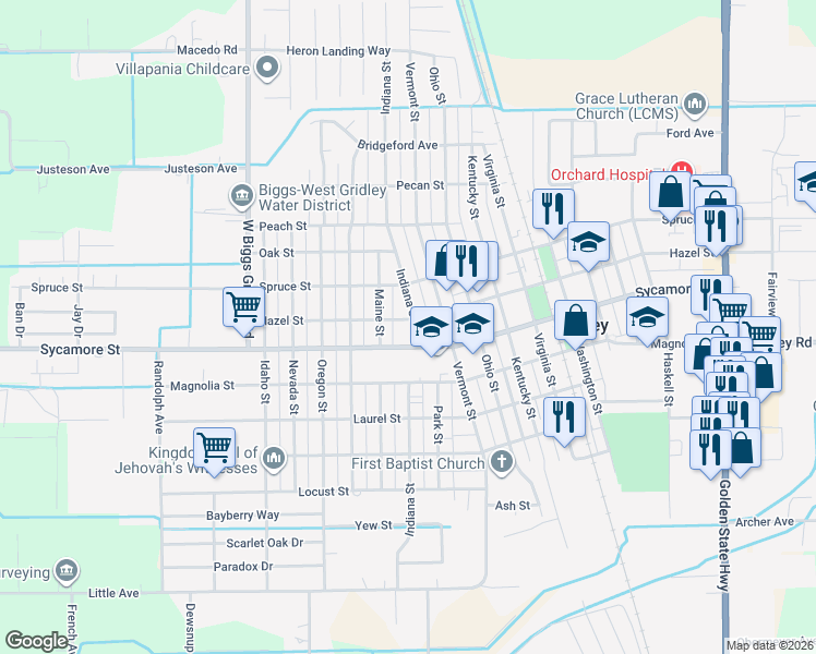 map of restaurants, bars, coffee shops, grocery stores, and more near 1315 Hazel Street in Gridley