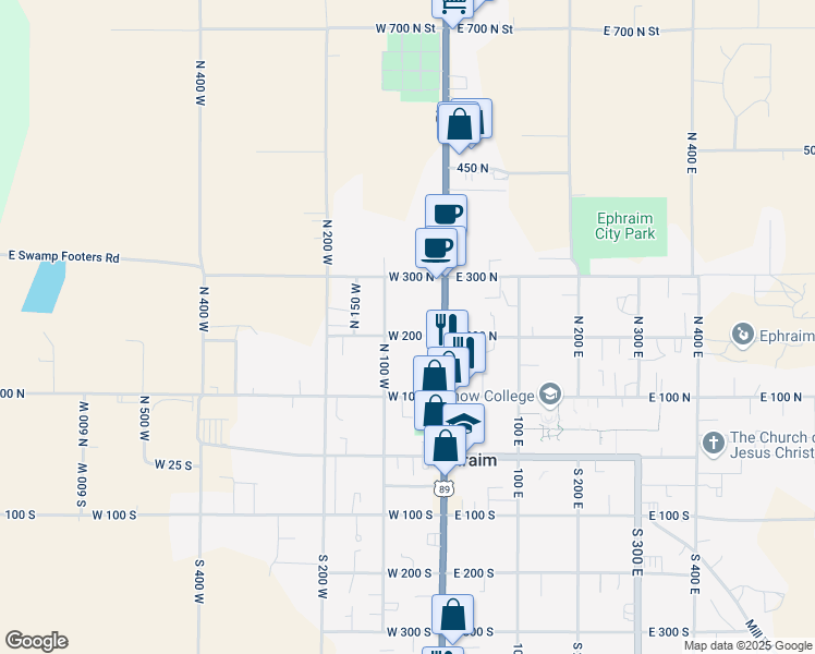 map of restaurants, bars, coffee shops, grocery stores, and more near 64 West 200 North in Ephraim